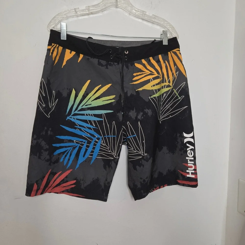 Hurley‎ Mens 31 Board Shorts Tropical Palm Tie Dye Black Multicolor Swim Trunks